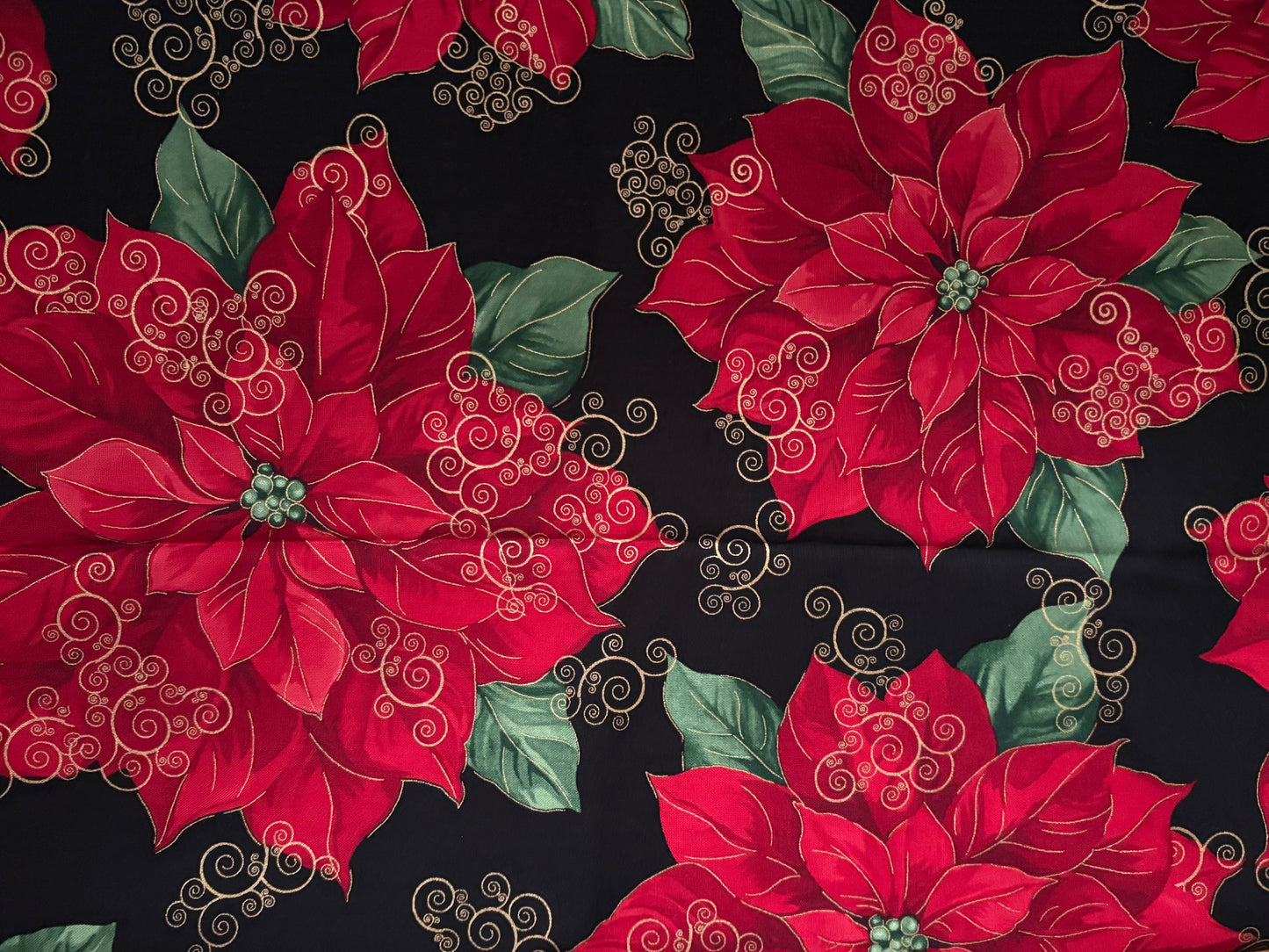 Timeless Treasures Holiday Poinsettias Metallic Gold, Designer Cotton, Quilting Fabric, Sold by YARD