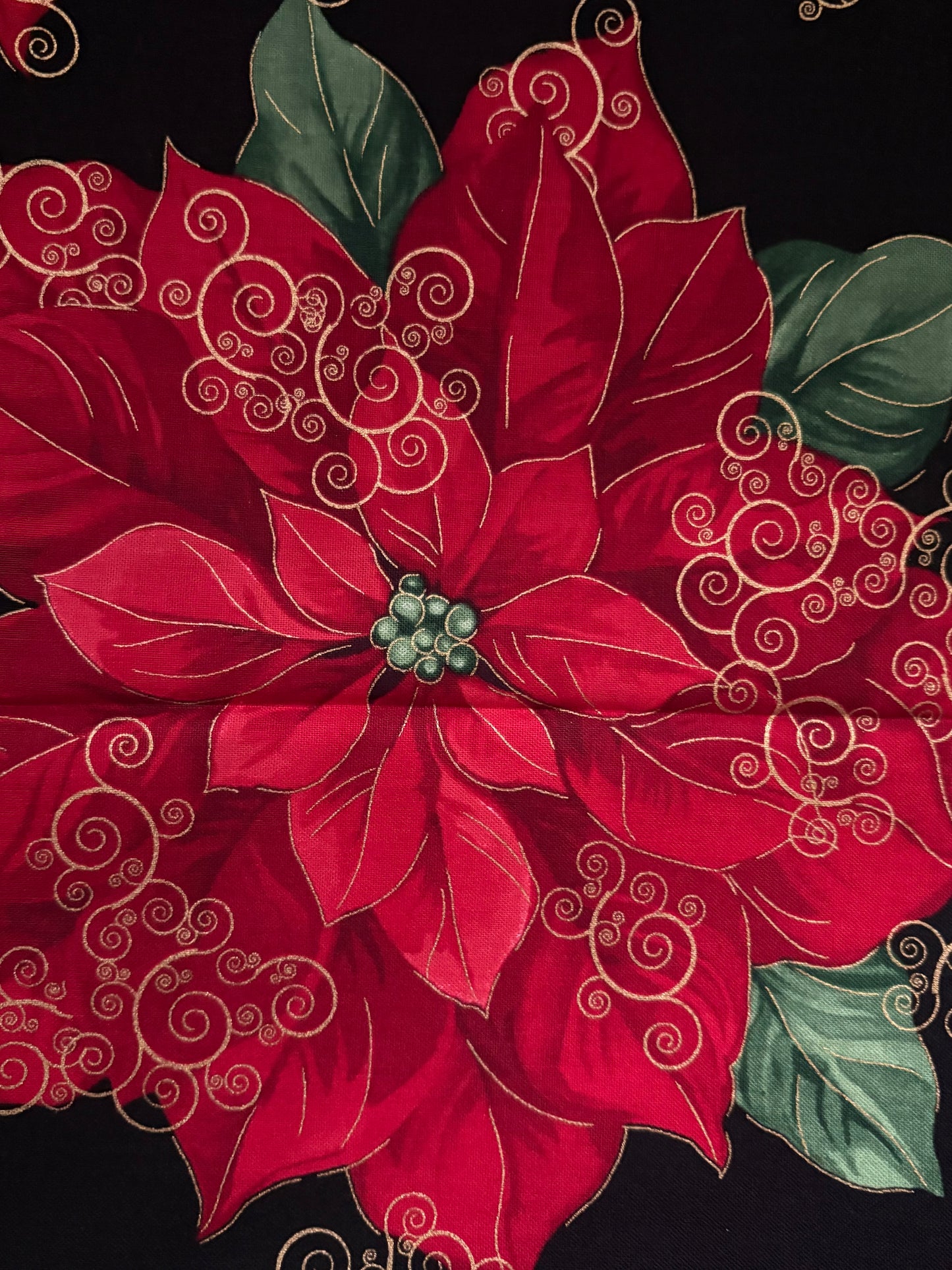 Timeless Treasures Holiday Poinsettias Metallic Gold, Designer Cotton, Quilting Fabric, Sold by YARD