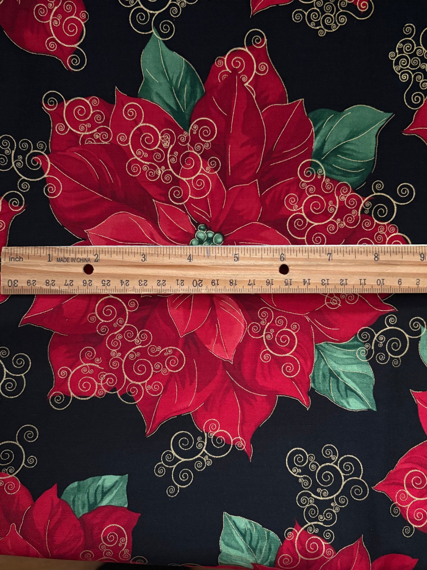 Timeless Treasures Holiday Poinsettias Metallic Gold, Designer Cotton, Quilting Fabric, Sold by YARD