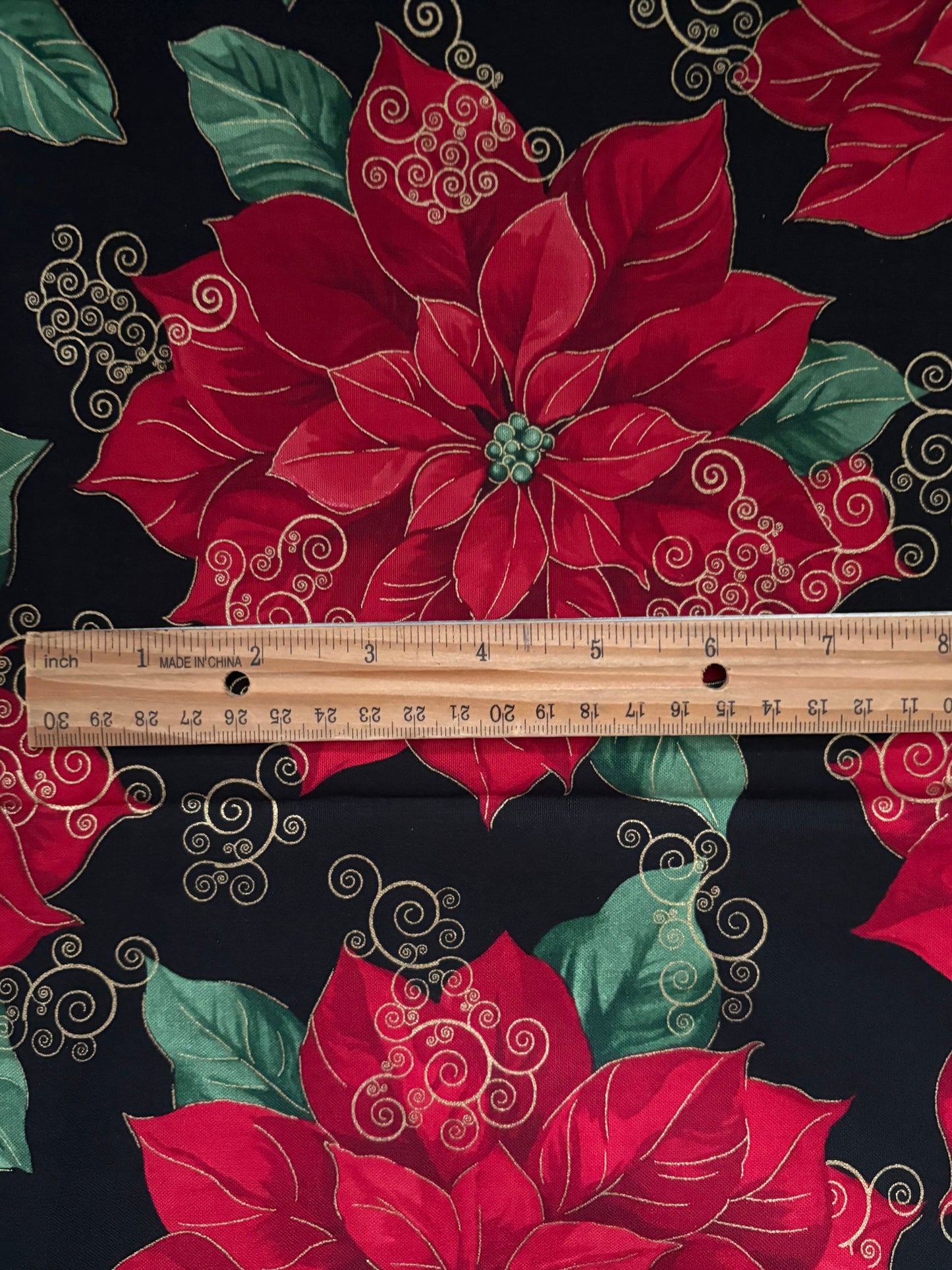 Timeless Treasures Holiday Poinsettias Metallic Gold, Designer Cotton, Quilting Fabric, Sold by YARD