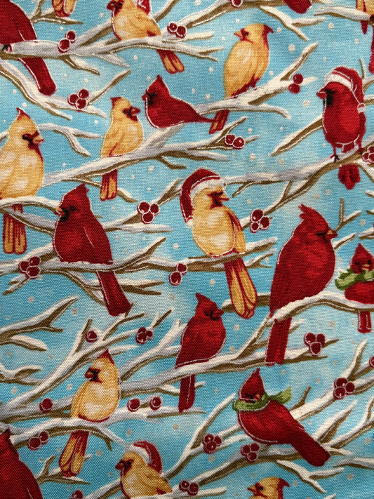 Fabri-Quilt Season’s Greetings Winter Christmas Cardinals on Branches, Designer Cotton, Quilting Fabric, Sold by YARD