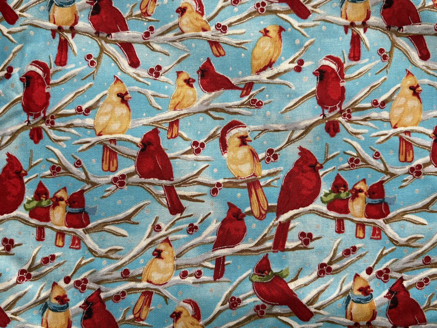 Fabri-Quilt Season’s Greetings Winter Christmas Cardinals on Branches, Designer Cotton, Quilting Fabric, Sold by YARD