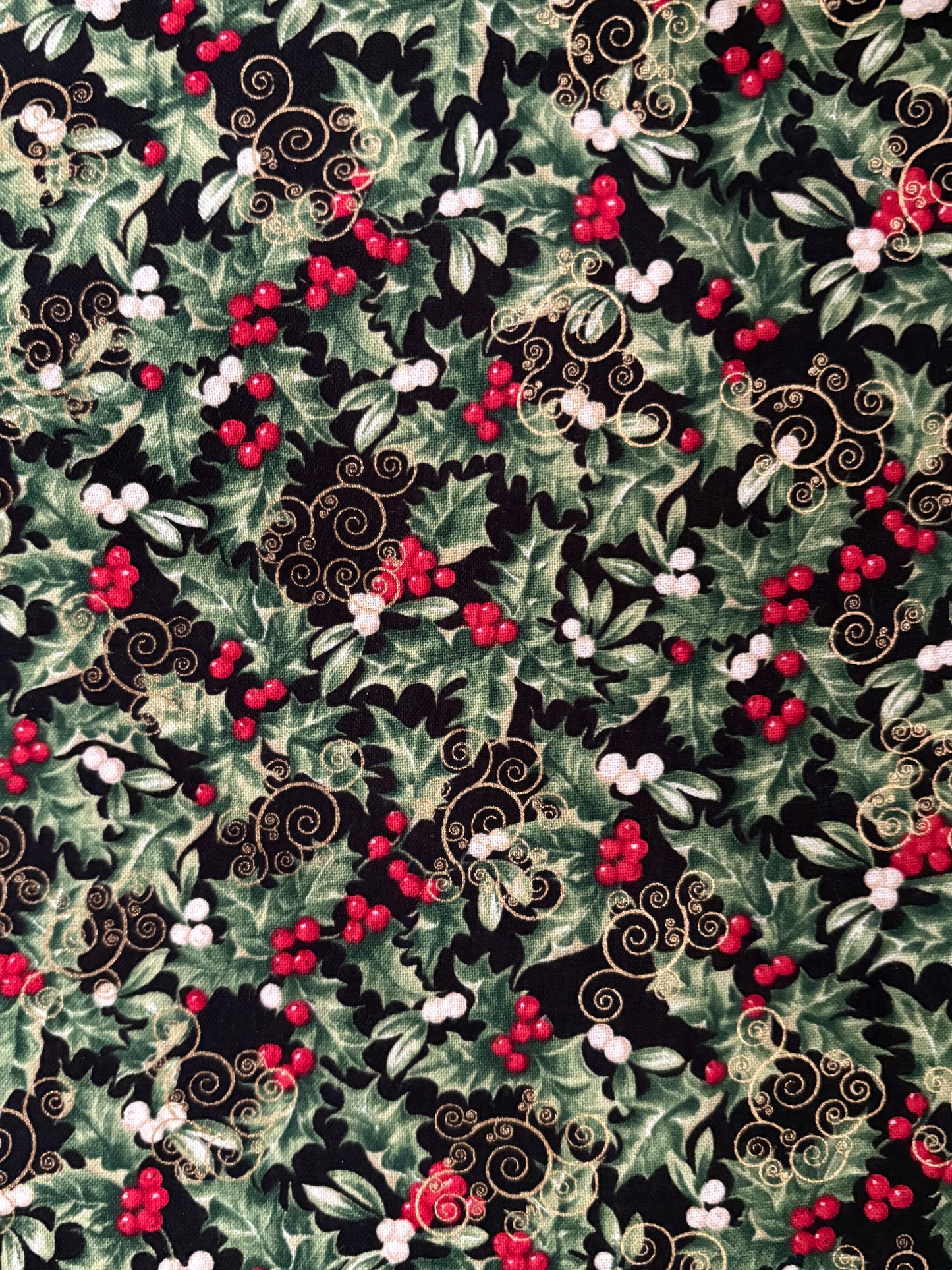 Timeless Treasures Holly Berries Metallic Gold, Designer Cotton, Quilting Fabric, Sold by YARD