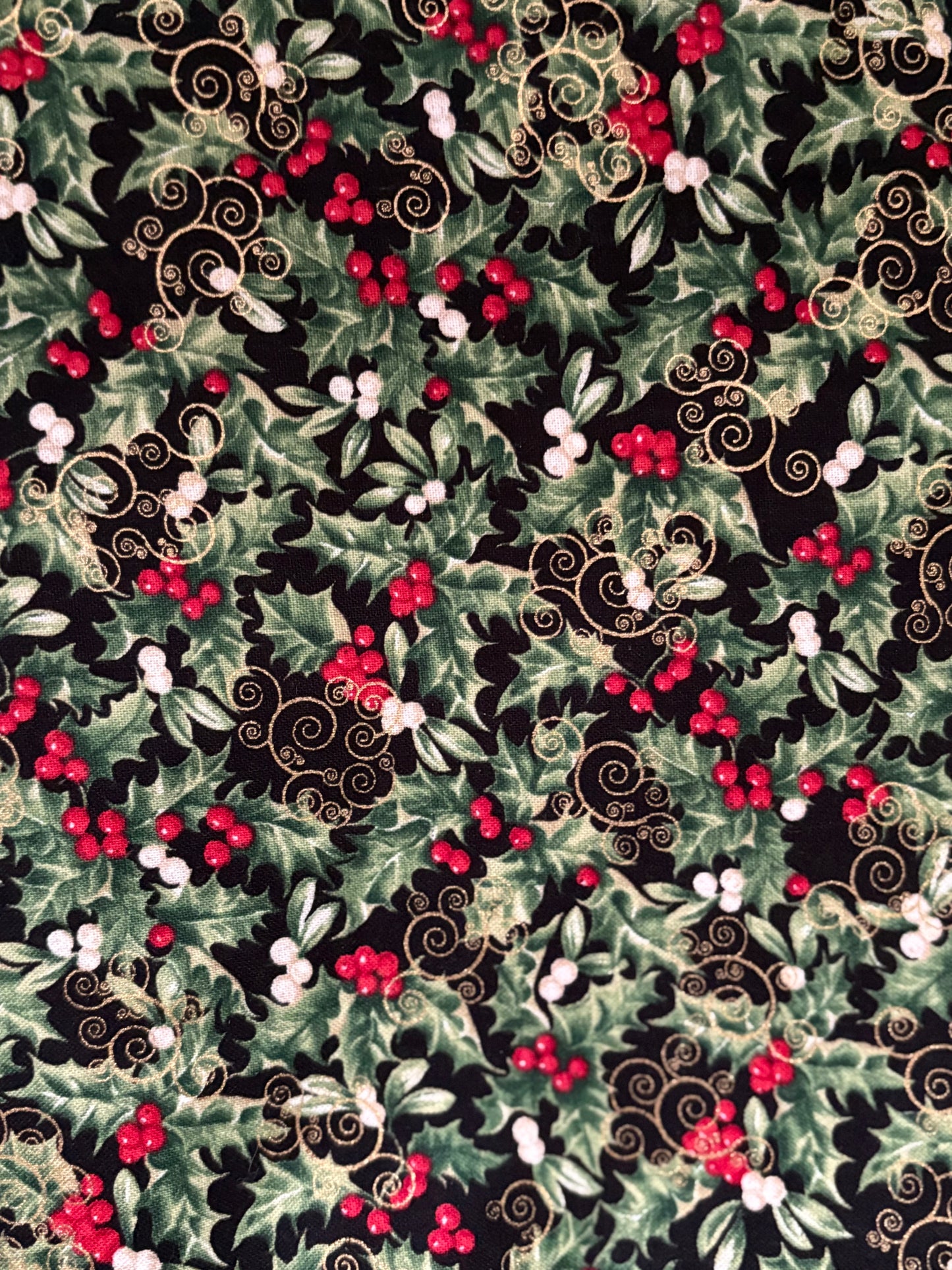 Timeless Treasures Holly Berries Metallic Gold, Designer Cotton, Quilting Fabric, Sold by YARD