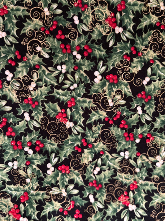 Timeless Treasures Holly Berries Metallic Gold, Designer Cotton, Quilting Fabric, Sold by YARD