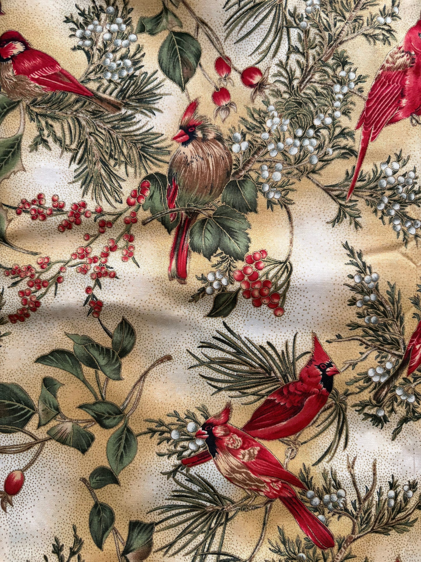 Hoffman Winter Magic Cardinals and Holly Berries, Metallic Gold, Designer Cotton, Quilting Fabric, Sold by YARD