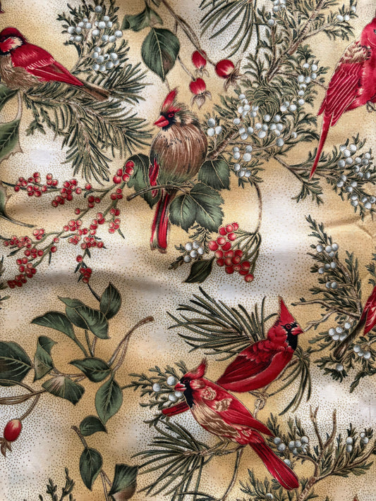 Hoffman Winter Magic Cardinals and Holly Berries, Metallic Gold, Designer Cotton, Quilting Fabric, Sold by YARD
