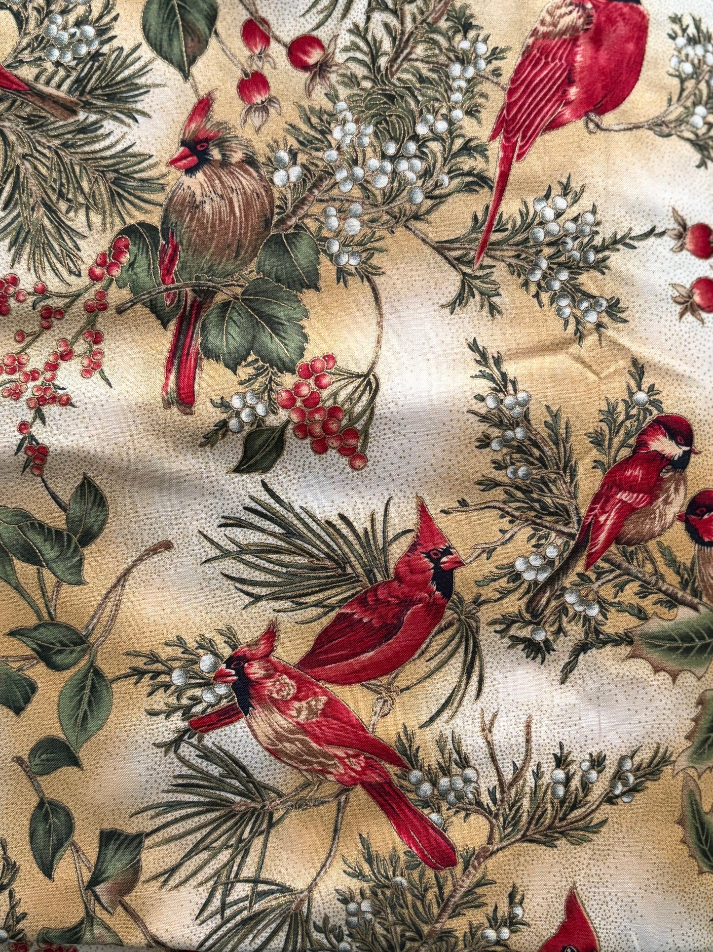 Hoffman Winter Magic Cardinals and Holly Berries, Metallic Gold, Designer Cotton, Quilting Fabric, Sold by YARD
