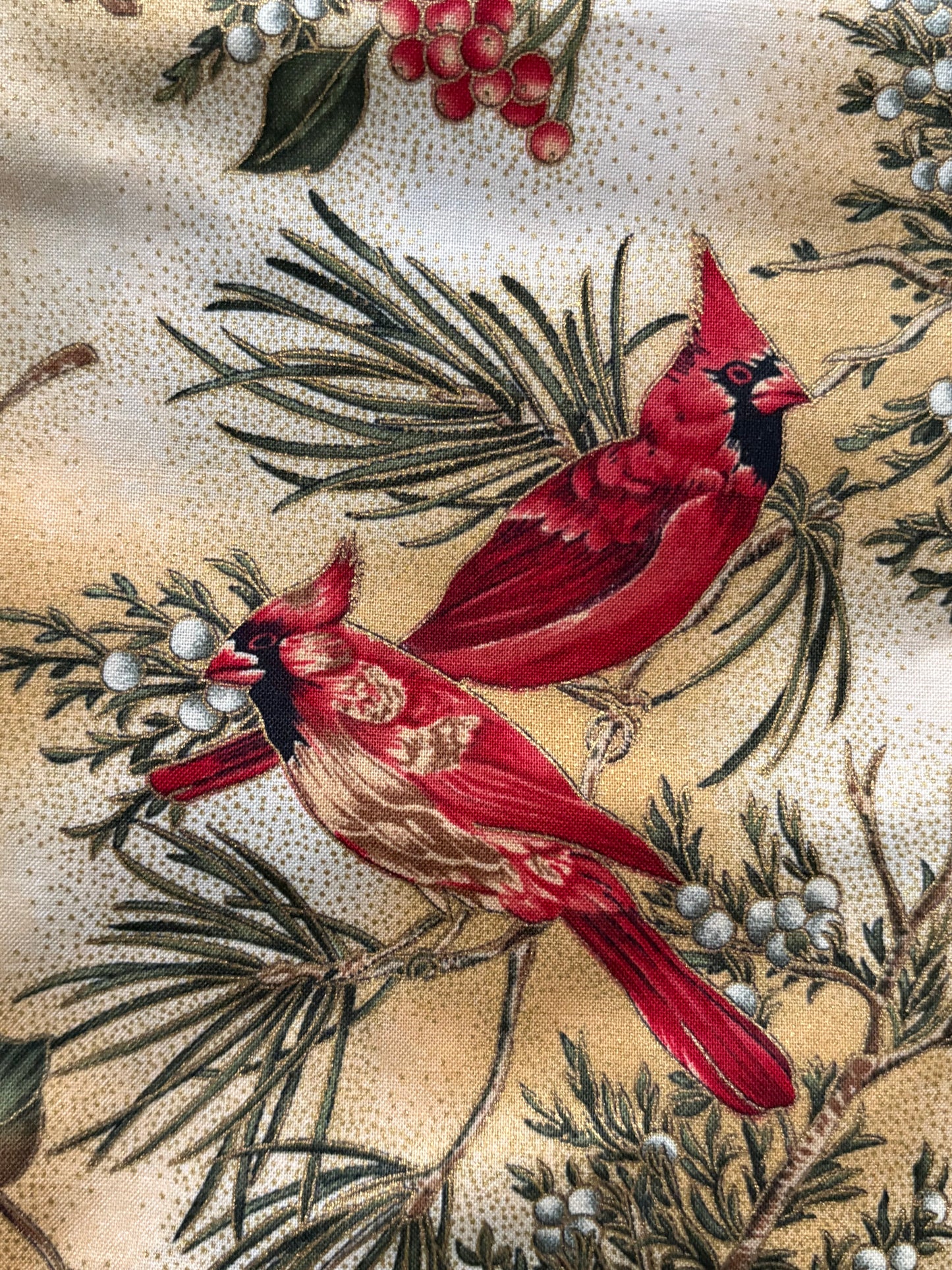 Hoffman Winter Magic Cardinals and Holly Berries, Metallic Gold, Designer Cotton, Quilting Fabric, Sold by YARD