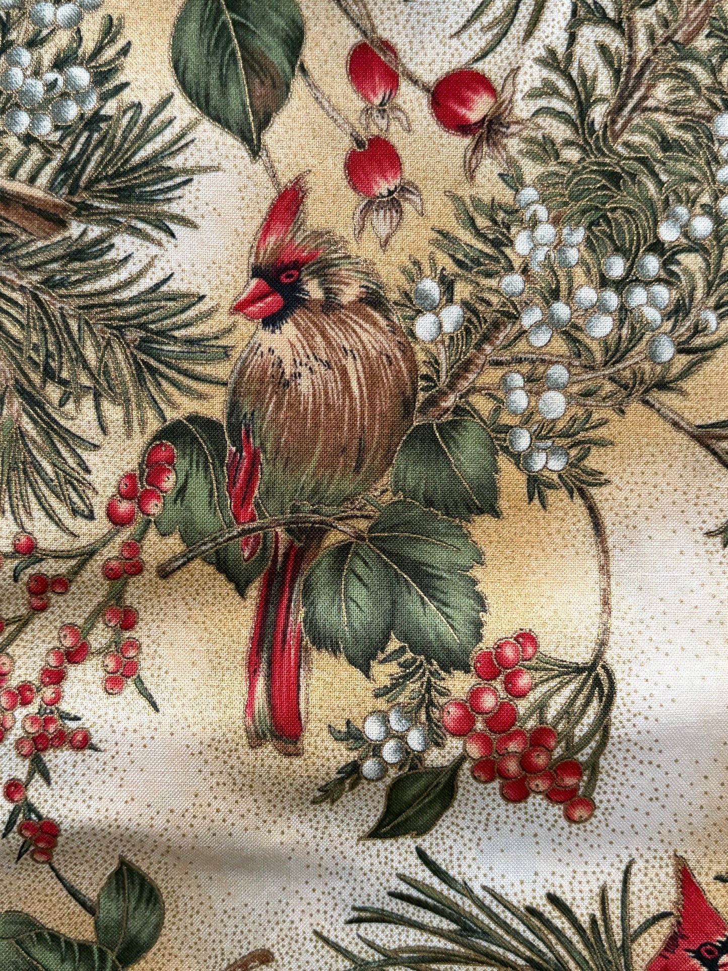 Hoffman Winter Magic Cardinals and Holly Berries, Metallic Gold, Designer Cotton, Quilting Fabric, Sold by YARD