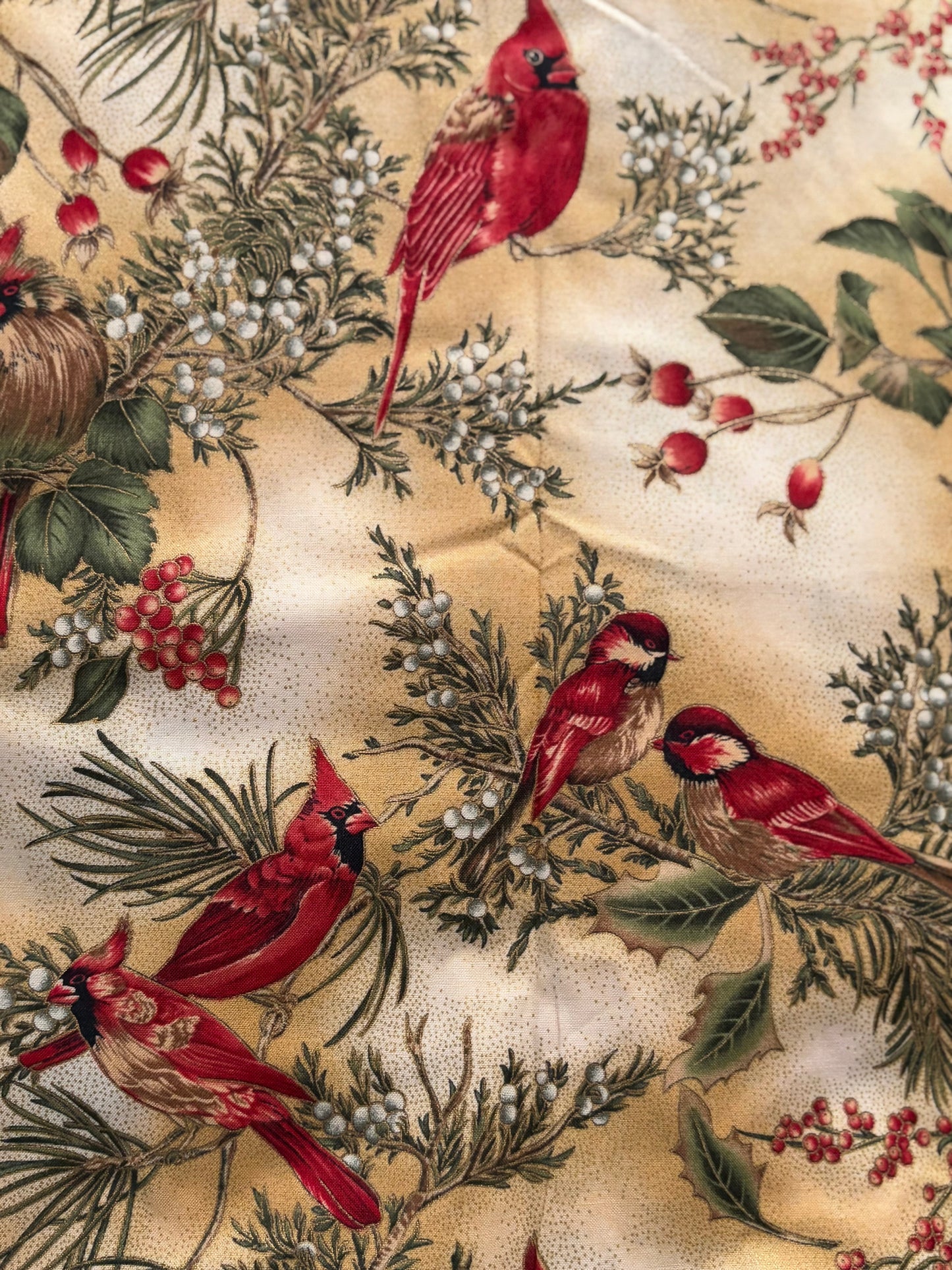 Hoffman Winter Magic Cardinals and Holly Berries, Metallic Gold, Designer Cotton, Quilting Fabric, Sold by YARD