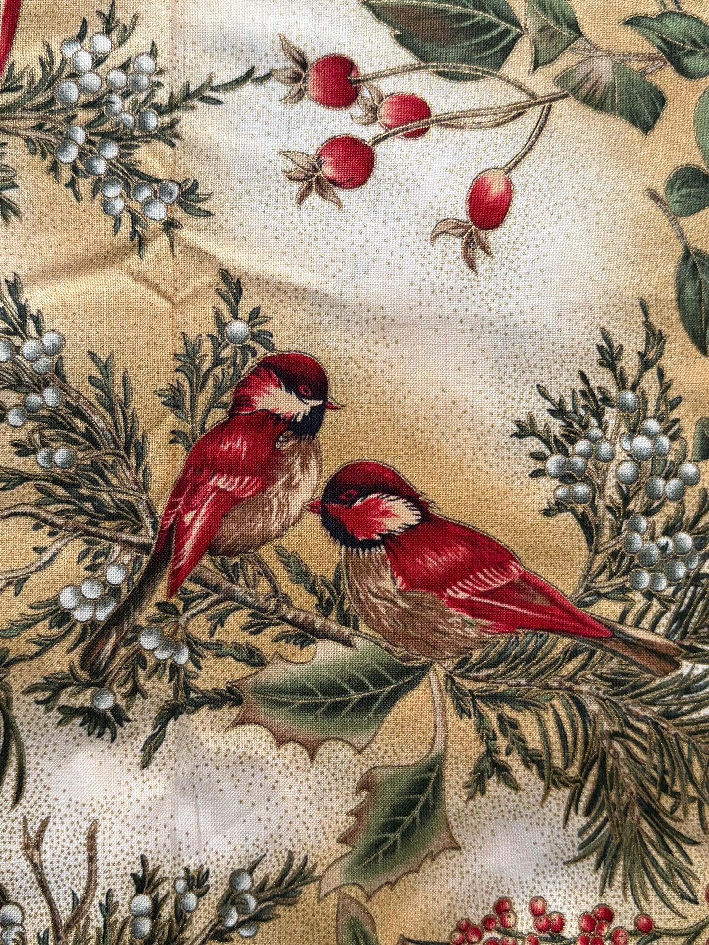 Hoffman Winter Magic Cardinals and Holly Berries, Metallic Gold, Designer Cotton, Quilting Fabric, Sold by YARD