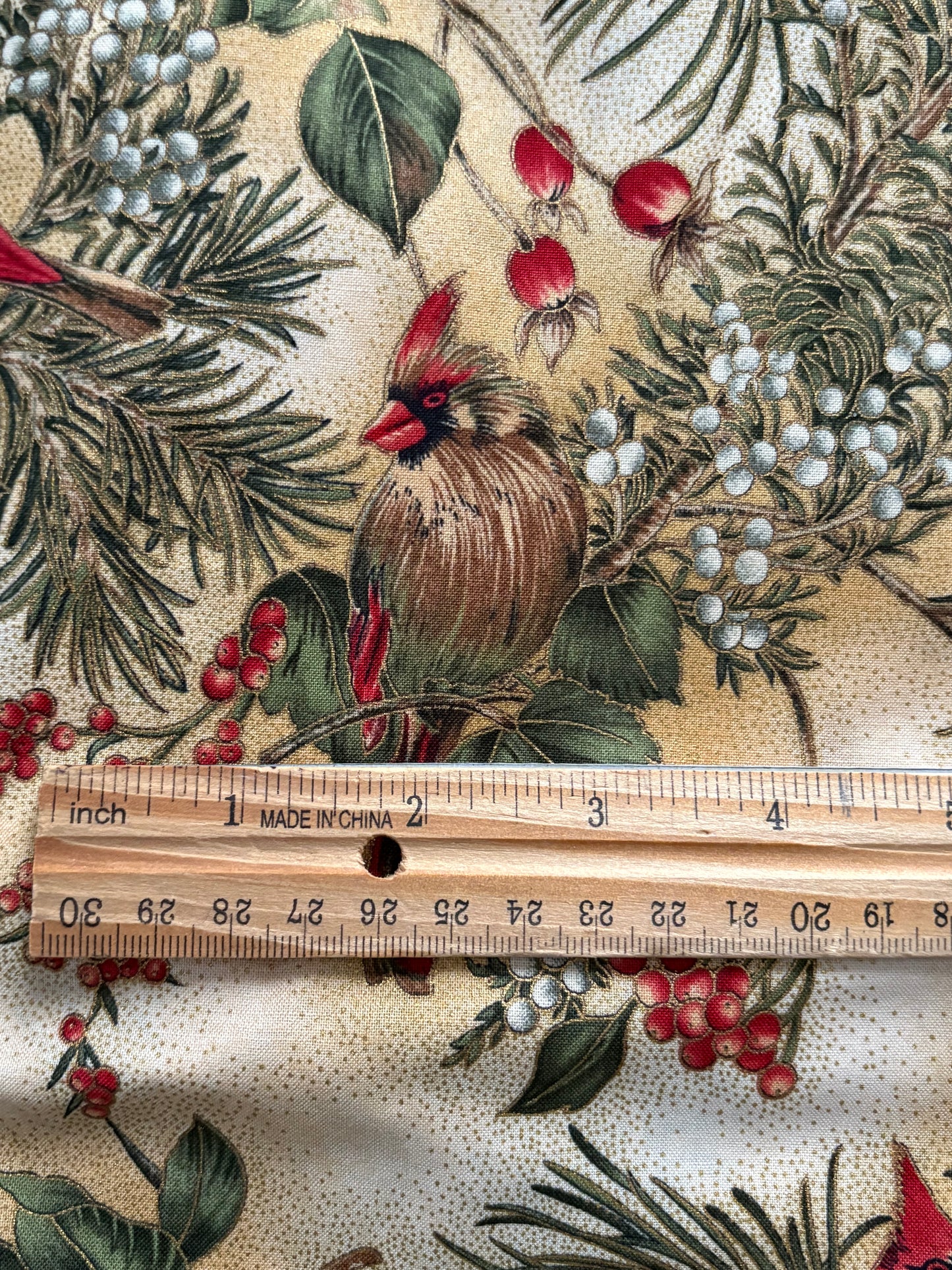Hoffman Winter Magic Cardinals and Holly Berries, Metallic Gold, Designer Cotton, Quilting Fabric, Sold by YARD