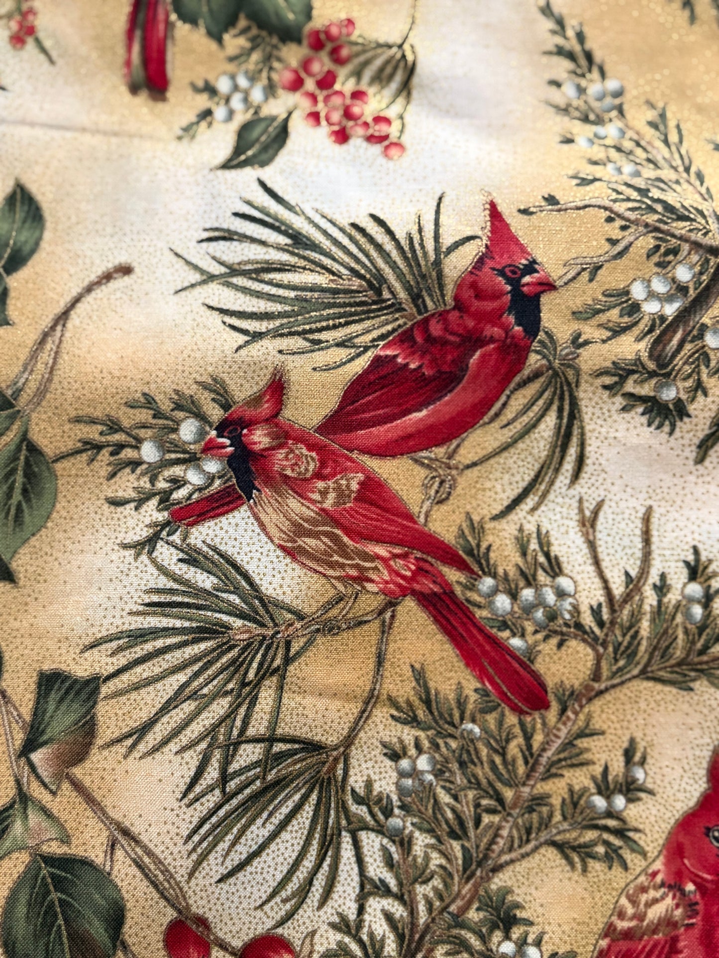 Hoffman Winter Magic Cardinals and Holly Berries, Metallic Gold, Designer Cotton, Quilting Fabric, Sold by YARD