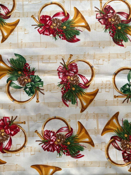 Robert Kaufman Holly Jolly Christmas French Horn Mary Lake-Thompson, Designer Cotton, Quilting Fabric, Sold by YARD