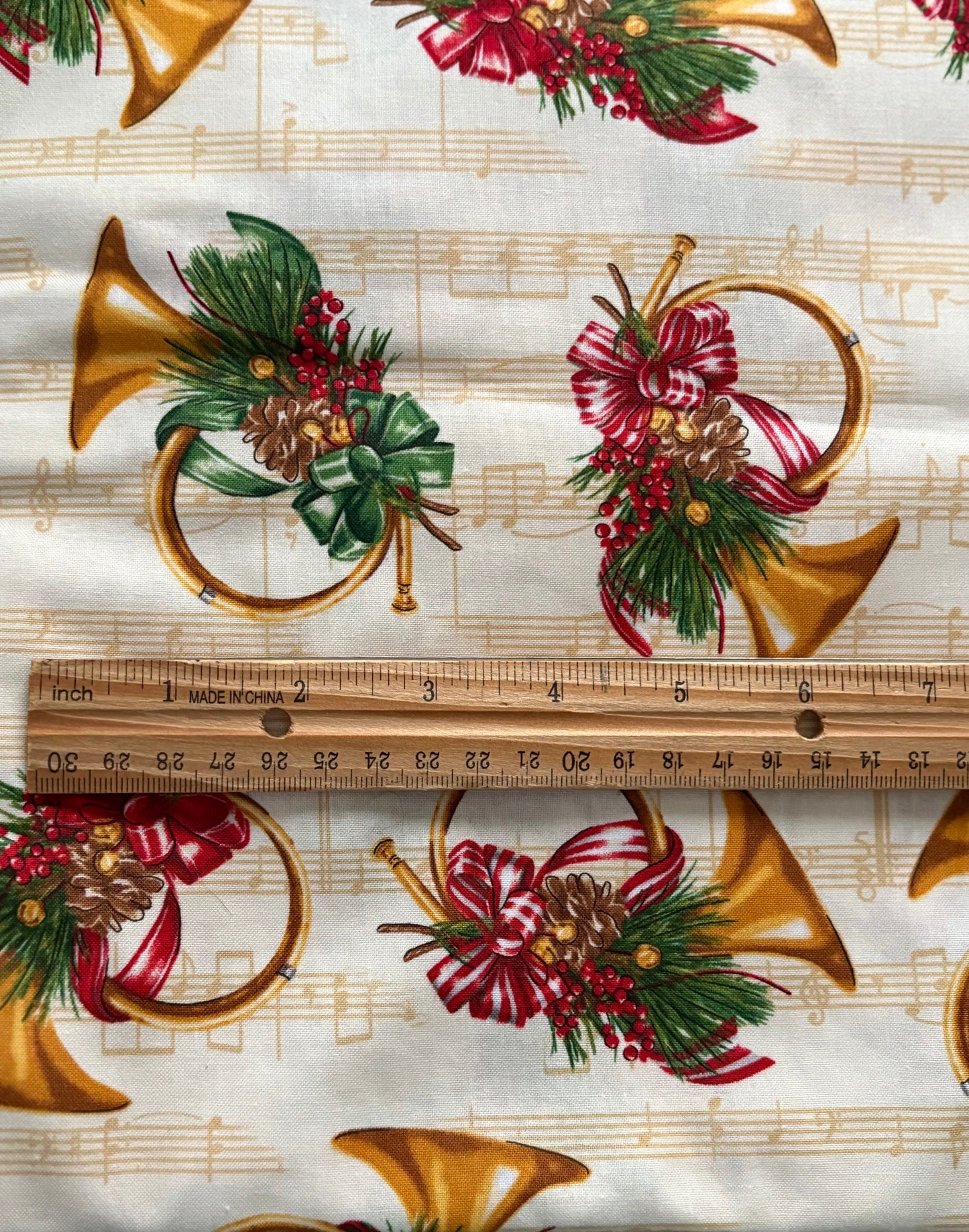 Robert Kaufman Holly Jolly Christmas French Horn Mary Lake-Thompson, Designer Cotton, Quilting Fabric, Sold by YARD
