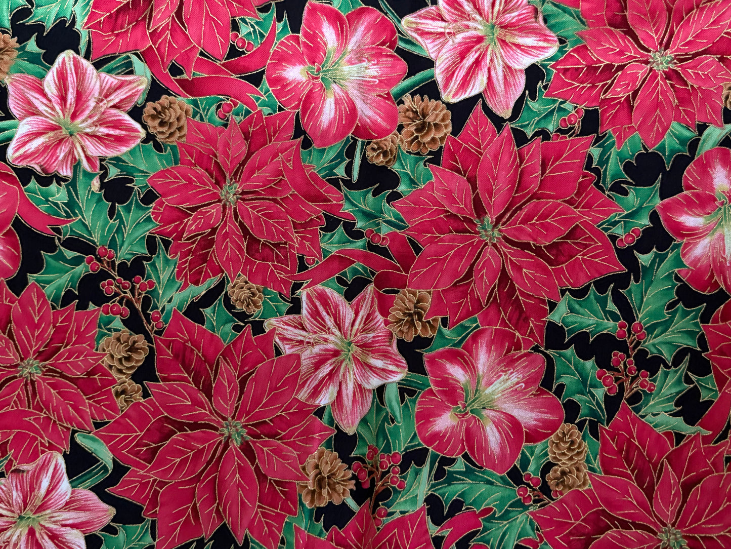 Quilting Treasures Christmas Poinsettias and Pinecones, Metallic Gold Lisa Conlin, Designer Cotton, Quilting Fabric, Sold by YARD