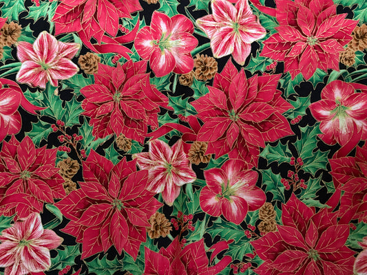 Quilting Treasures Christmas Poinsettias and Pinecones, Metallic Gold Lisa Conlin, Designer Cotton, Quilting Fabric, Sold by YARD