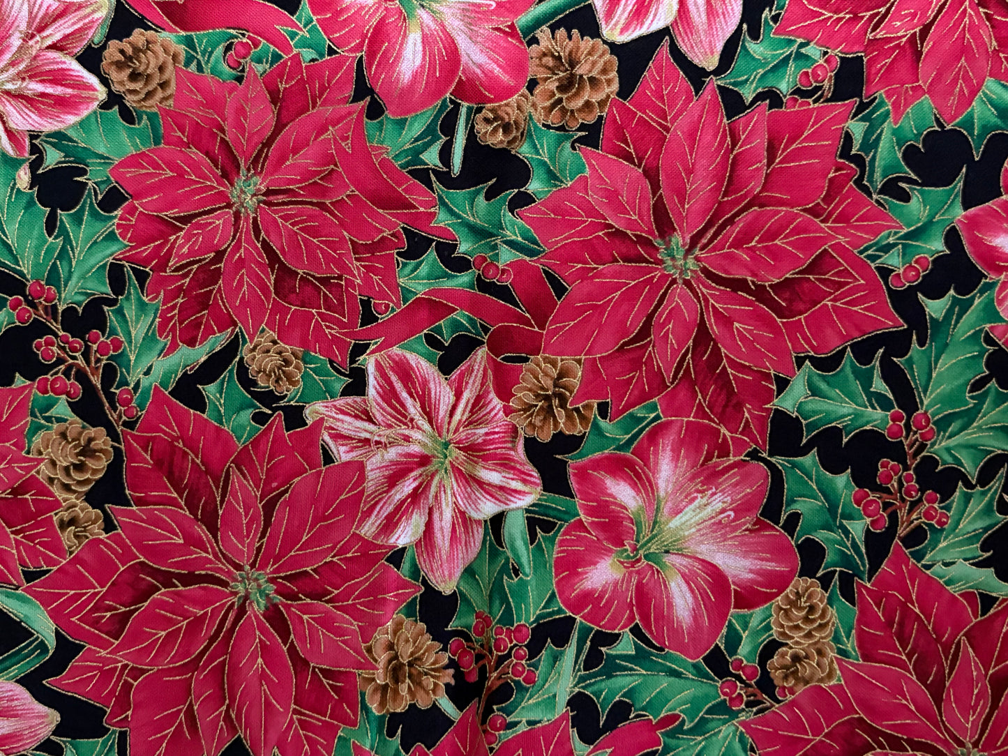 Quilting Treasures Christmas Poinsettias and Pinecones, Metallic Gold Lisa Conlin, Designer Cotton, Quilting Fabric, Sold by YARD