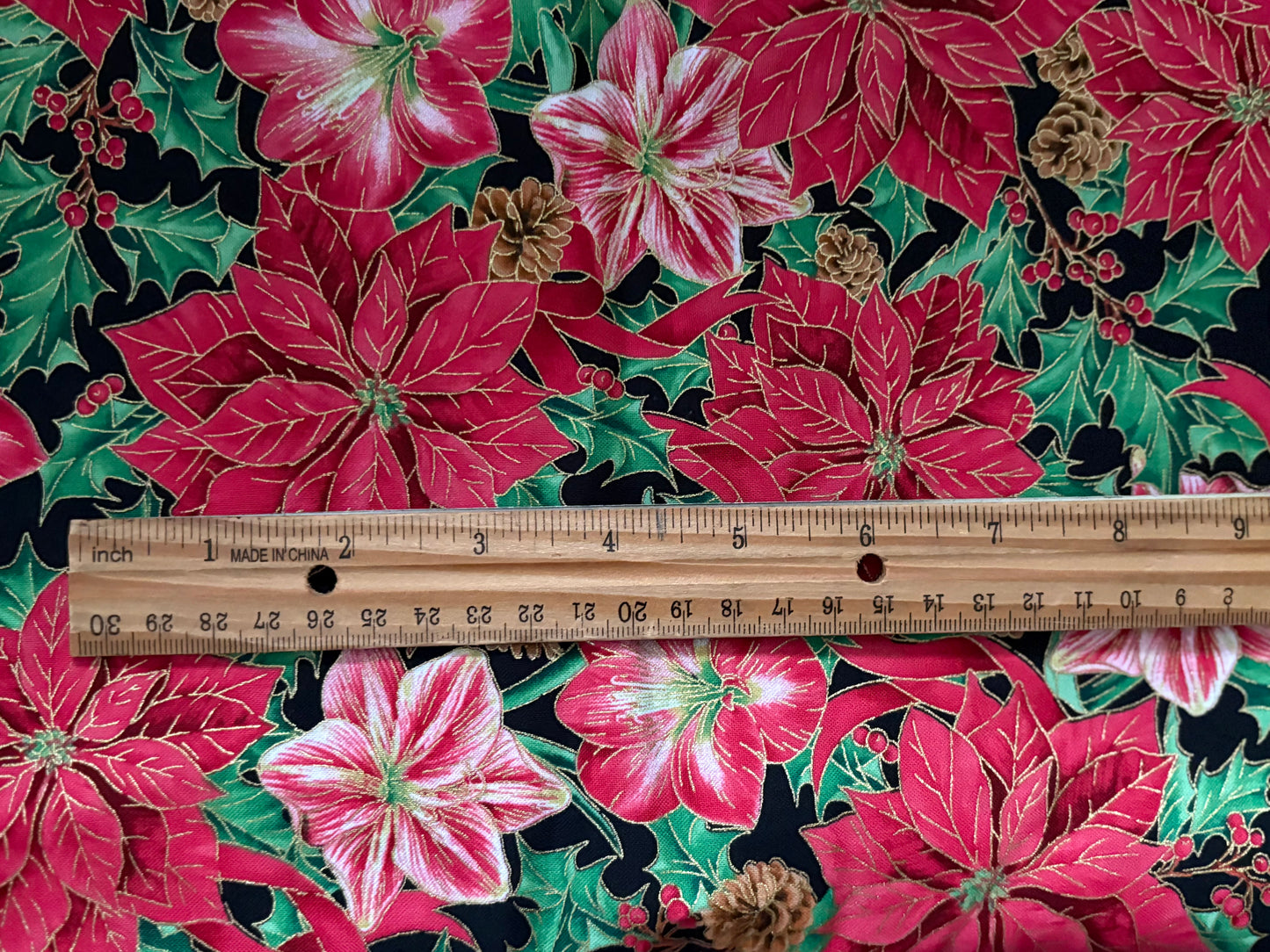 Quilting Treasures Christmas Poinsettias and Pinecones, Metallic Gold Lisa Conlin, Designer Cotton, Quilting Fabric, Sold by YARD