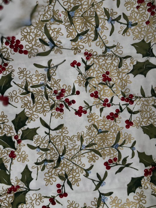 2 YARDS JoAnn Winter Holly Berries Metallic Gold Christmas, Designer Cotton, Quilting Fabric