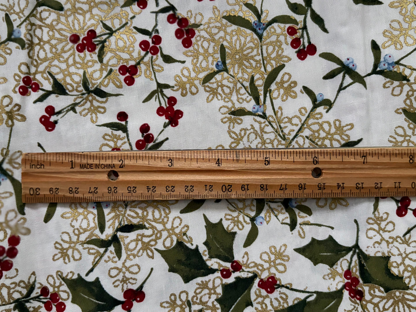 2 YARDS JoAnn Winter Holly Berries Metallic Gold Christmas, Designer Cotton, Quilting Fabric