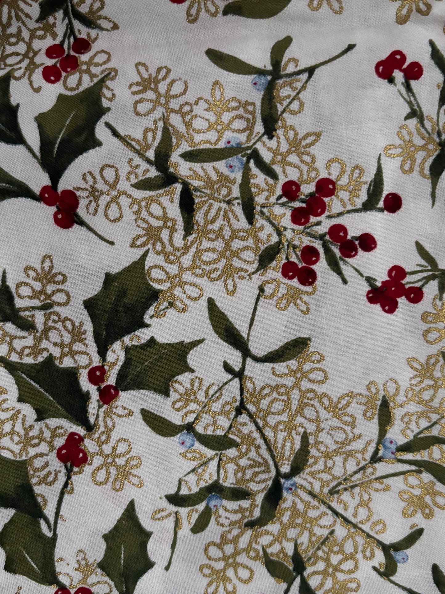 2 YARDS JoAnn Winter Holly Berries Metallic Gold Christmas, Designer Cotton, Quilting Fabric