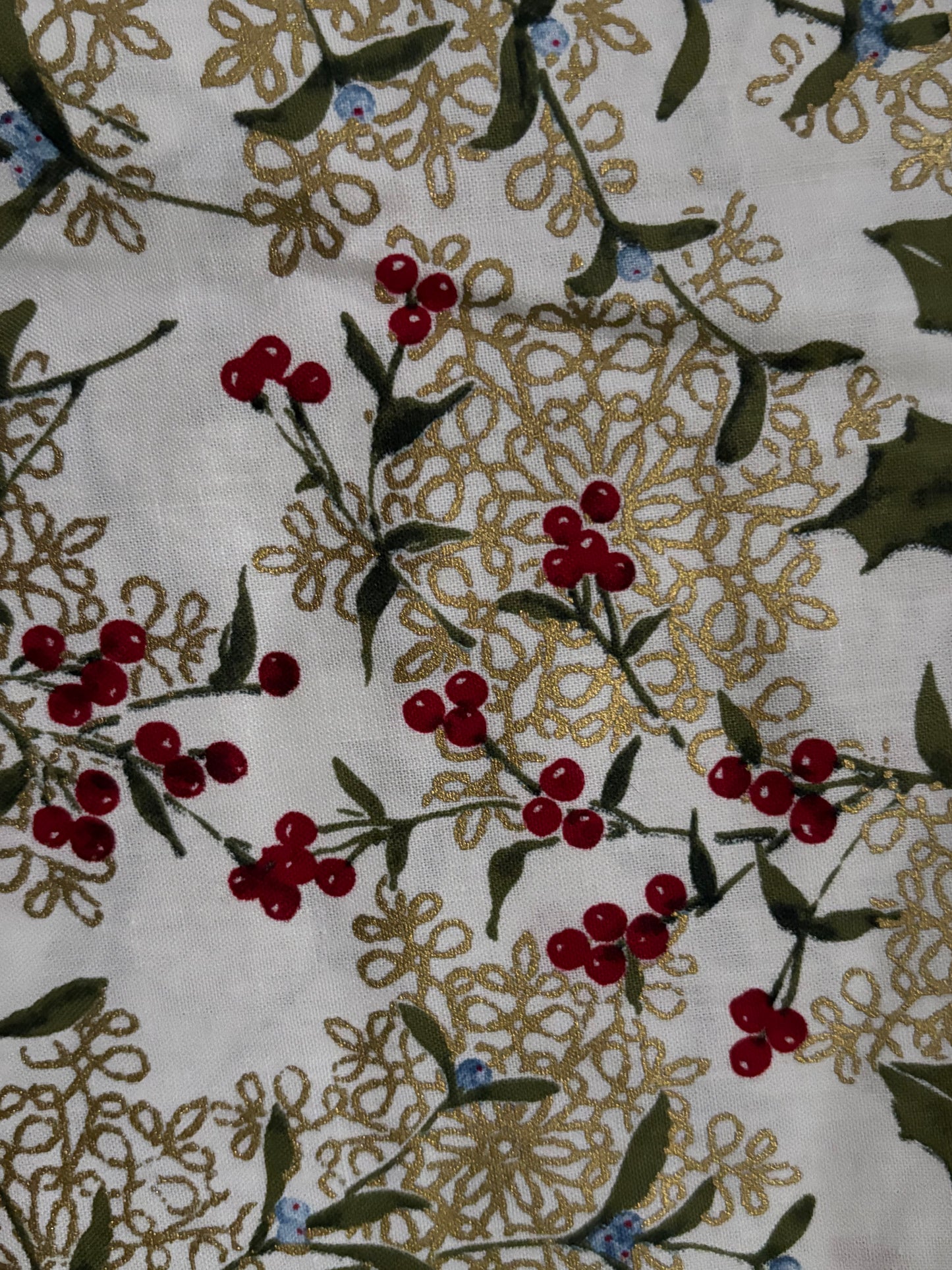2 YARDS JoAnn Winter Holly Berries Metallic Gold Christmas, Designer Cotton, Quilting Fabric
