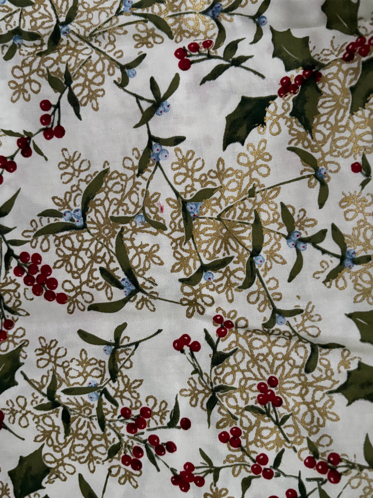 2 YARDS JoAnn Winter Holly Berries Metallic Gold Christmas, Designer Cotton, Quilting Fabric