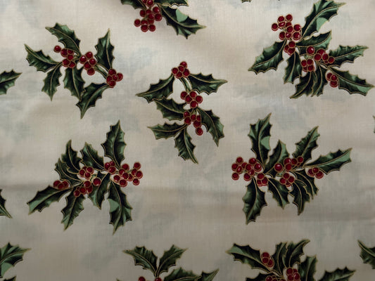 Hoffman Good Tidings Christmas Holly Berries, Metallic Gold, Designer Cotton, Quilting Fabric, Sold by YARD