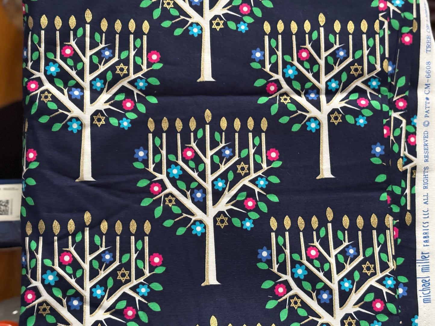 Michael Miller Tree of Light Hanukkah, Metallic Gold, Designer Cotton, Quilting Fabric, Sold by YARD