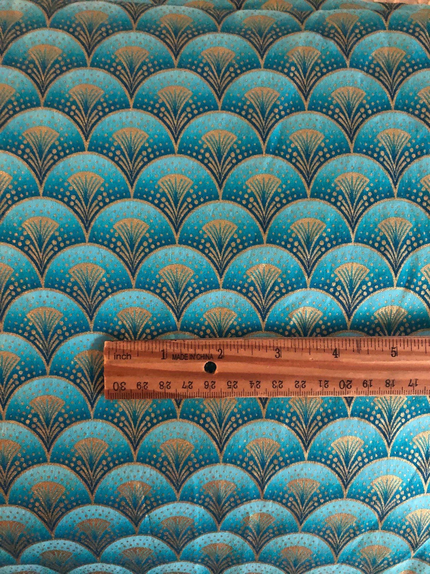 Bernartex “Rhapsody In Blue” Turquoise and Gold Metallic Fans by Maria Kalinowski for Kanvas, Designer Cotton, Quilting Fabric, Sold by YARD