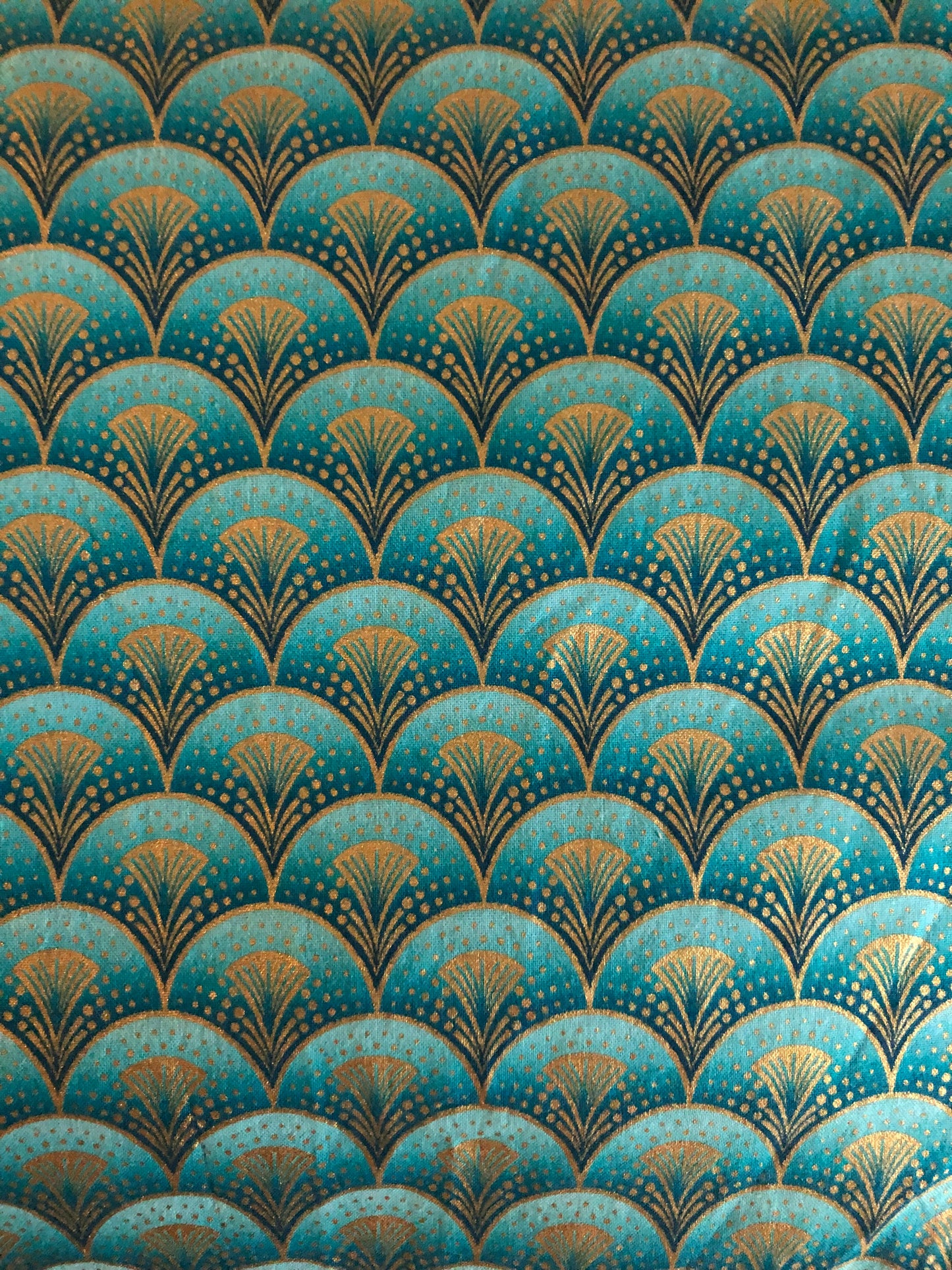 Bernartex “Rhapsody In Blue” Turquoise and Gold Metallic Fans by Maria Kalinowski for Kanvas, Designer Cotton, Quilting Fabric, Sold by YARD