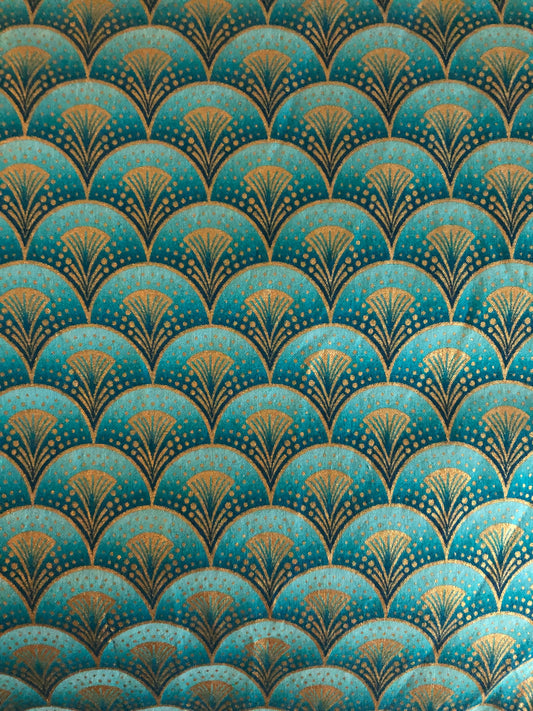 Bernartex “Rhapsody In Blue” Turquoise and Gold Metallic Fans by Maria Kalinowski for Kanvas, Designer Cotton, Quilting Fabric, Sold by YARD