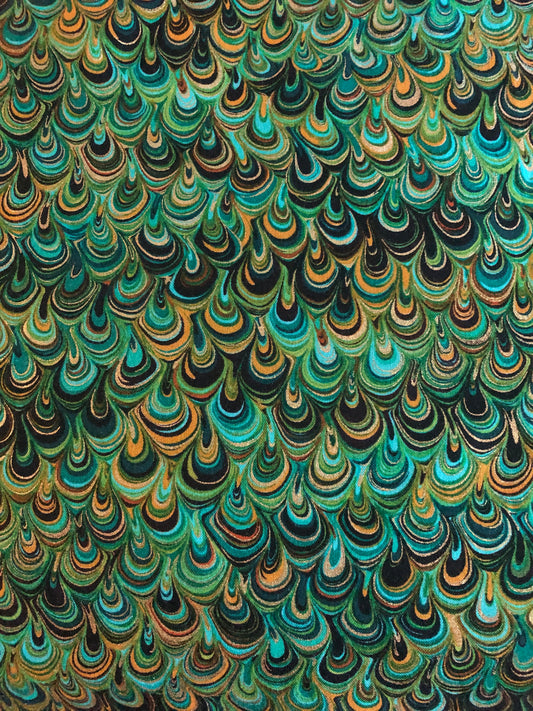 Benartex “Rhapsody in Blue” Green and Gold Metallic by Maria Kalinowski for Kanvas, Designer Cotton, Quilting Fabric, Sold by YARD