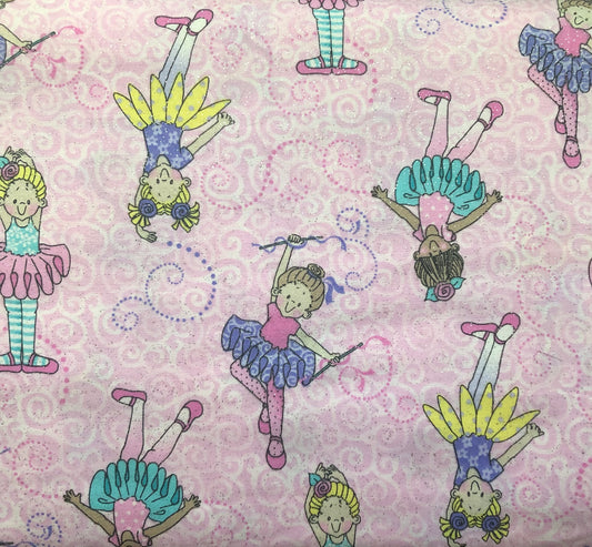 Fabric Traditions Patty Reed Designs by Laurie Campbell La-Di-Draw, Tippy Toes Glitter Tossed Ballerinas Pink, Designer Cotton, Sold By YARD