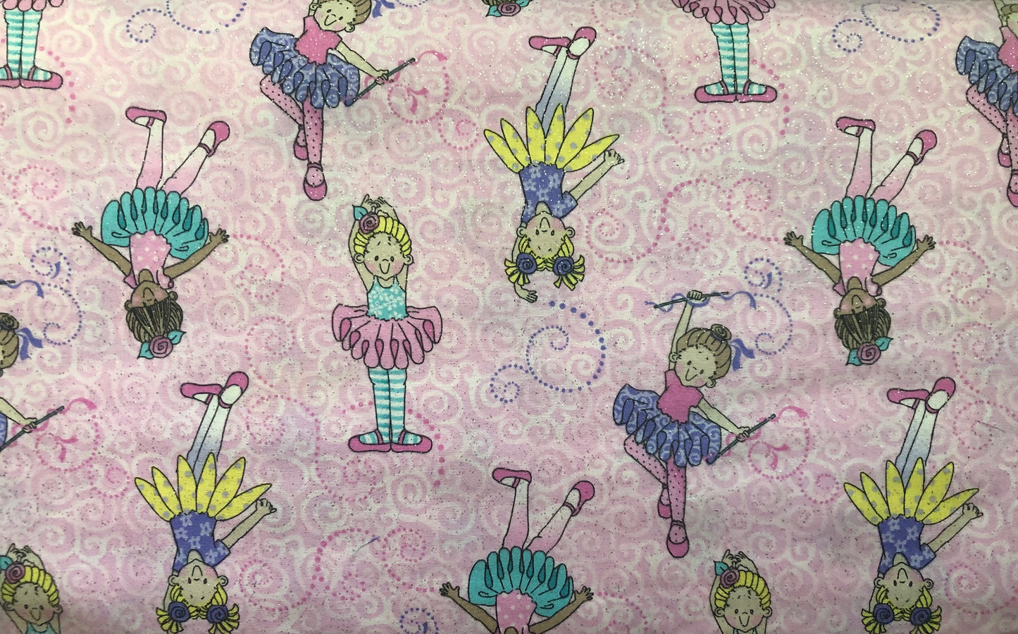 Fabric Traditions Patty Reed Designs by Laurie Campbell La-Di-Draw, Tippy Toes Glitter Tossed Ballerinas Pink, Designer Cotton, Sold By YARD