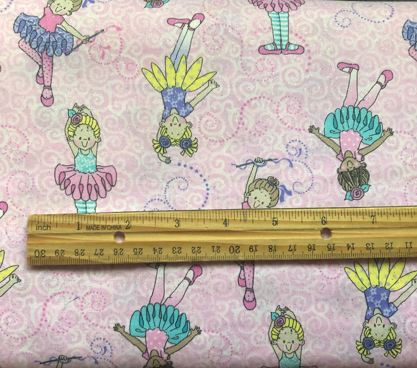 Fabric Traditions Patty Reed Designs by Laurie Campbell La-Di-Draw, Tippy Toes Glitter Tossed Ballerinas Pink, Designer Cotton, Sold By YARD