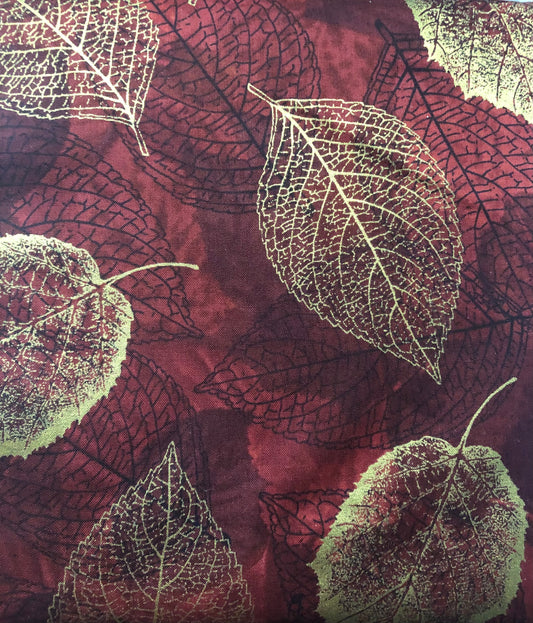 Hoffman Fabric "Falling for You" Gold Metallic Autumn Leaves on Brown, Designer Cotton, Quilting Fabric, Sold by YARD