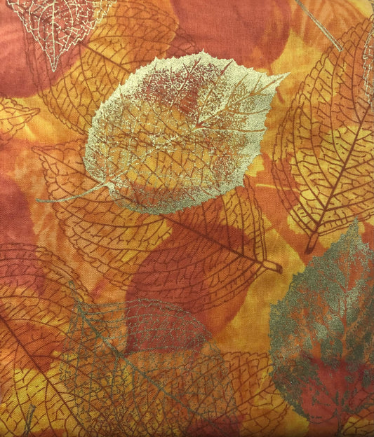 Hoffman Fabric "Falling for You" Gold Metallic Autumn Leaves on Marigold, Designer Cotton, Quilting Fabric, Sold by Yard