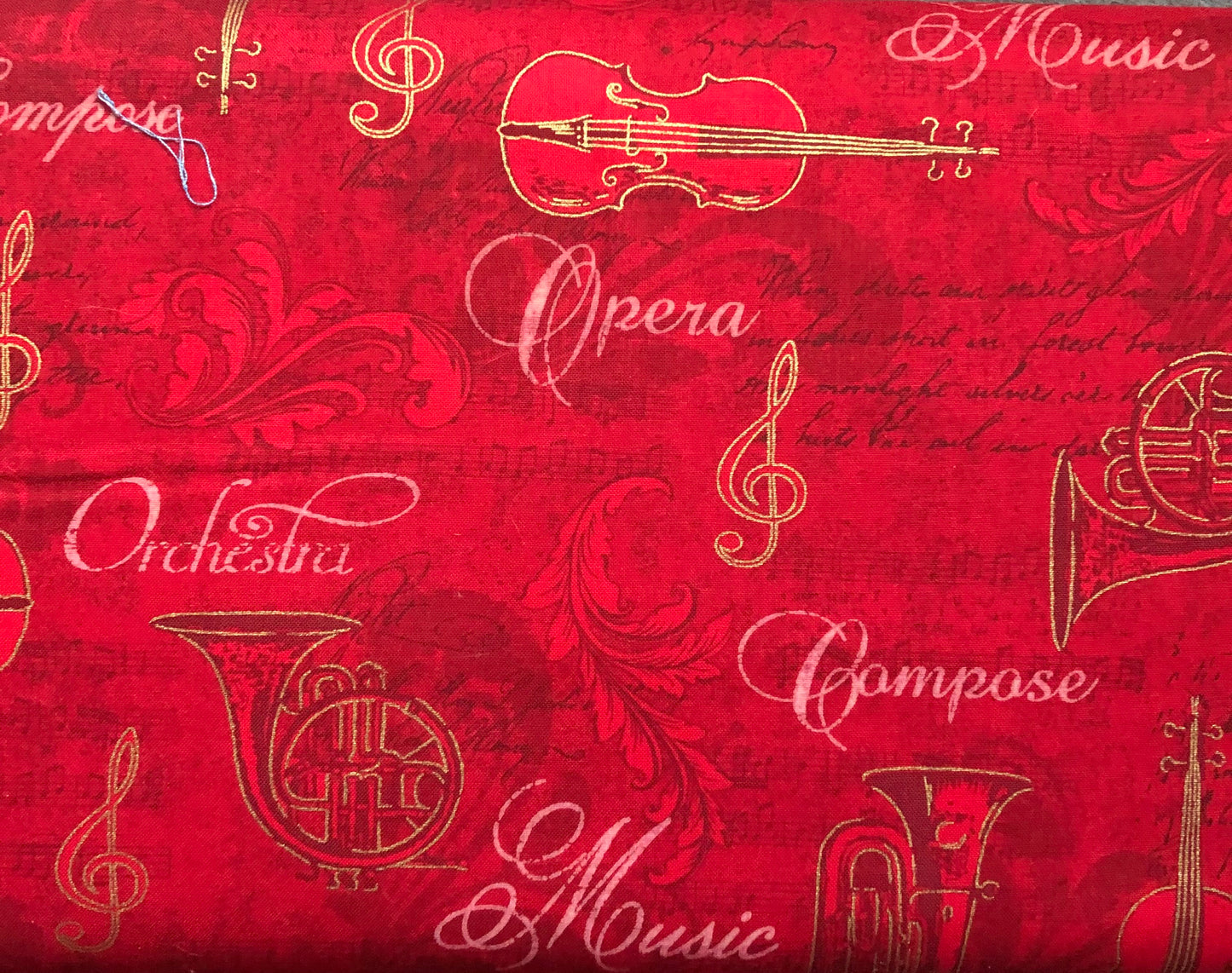 Robert Kaufman Fabric Opera, Music, Tuba, and Violin Enhanced with Gold Metallic on Red, Designer Cotton, Quilting Fabric, Sold By YARD