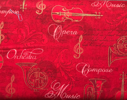 Robert Kaufman Fabric Opera, Music, Tuba, and Violin Enhanced with Gold Metallic on Red, Designer Cotton, Quilting Fabric, Sold By YARD