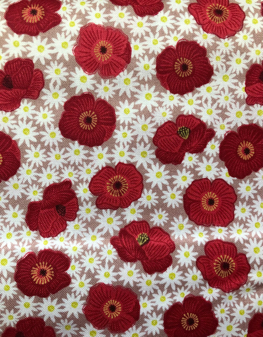 Lewis & Irene "Grandma's Garden" Red Poppies and Daisies, Designer Cotton, Quilting Fabric, Sold by YARD