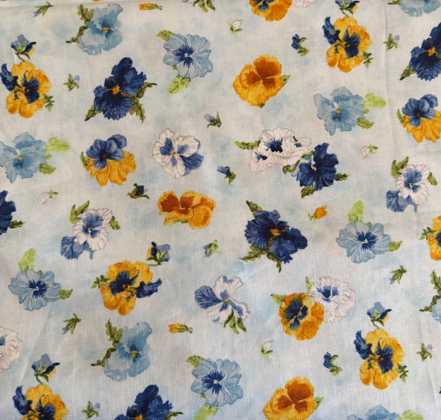 Wilmington Prints Walking on Sunshine by Joane Porter, Blue and Yellow Pansies Flowers, 100% Cotton Fabric, Sold By Yard