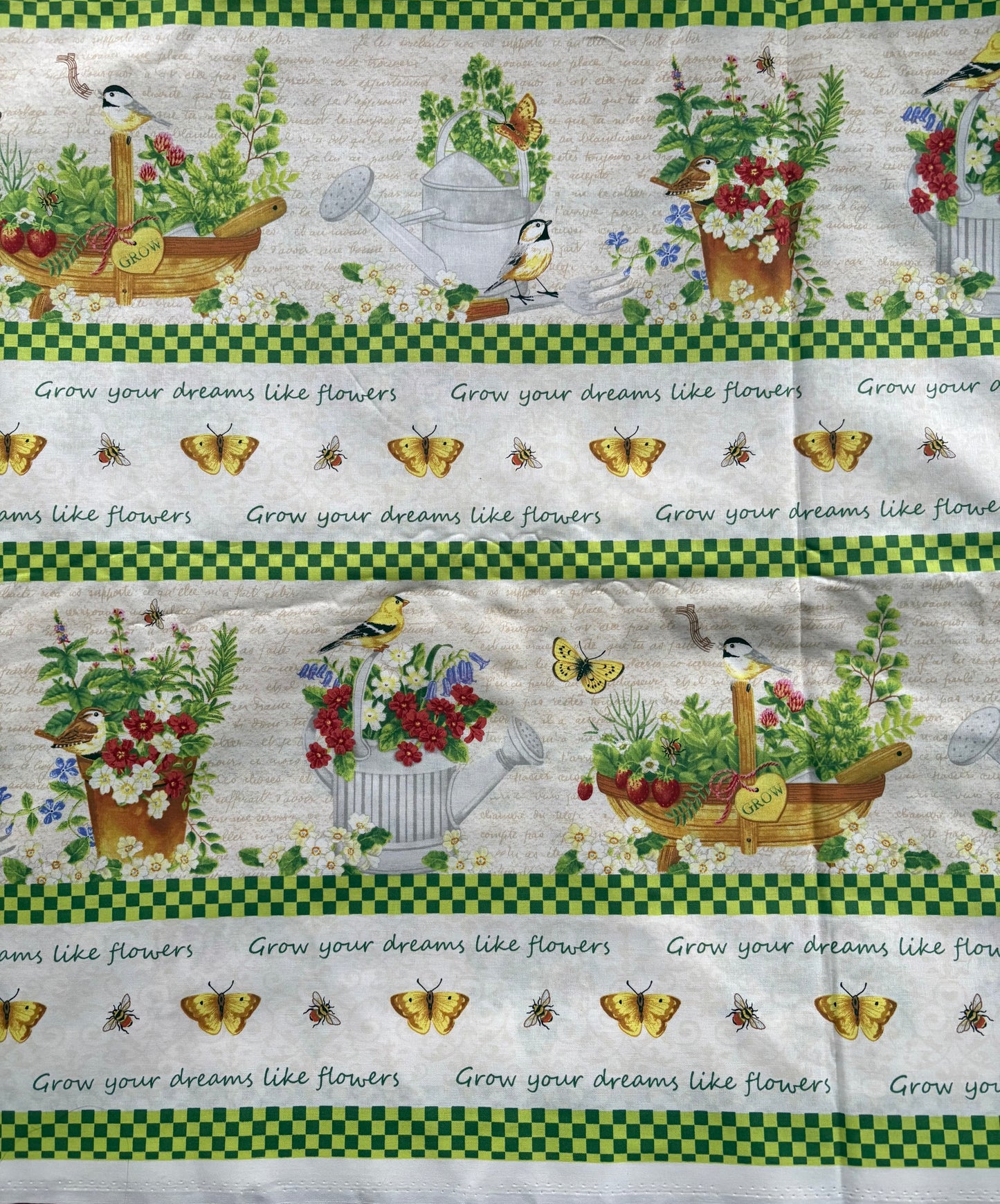 Wilmington Print from the Garden Jane Maday, Birds, Watering Cans, and Flowers, Border Stripe Quilt, 100% Cotton Fabric, Sold By Yard