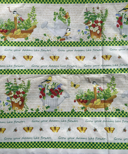 Wilmington Print from the Garden Jane Maday, Birds, Watering Cans, and Flowers, Border Stripe Quilt, 100% Cotton Fabric, Sold By Yard