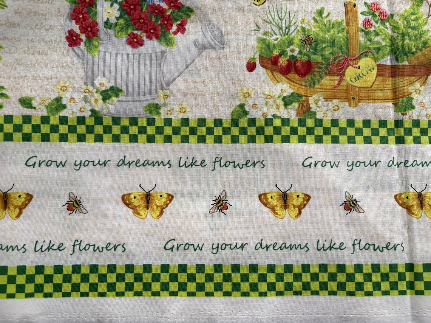 Wilmington Print from the Garden Jane Maday, Birds, Watering Cans, and Flowers, Border Stripe Quilt, 100% Cotton Fabric, Sold By Yard