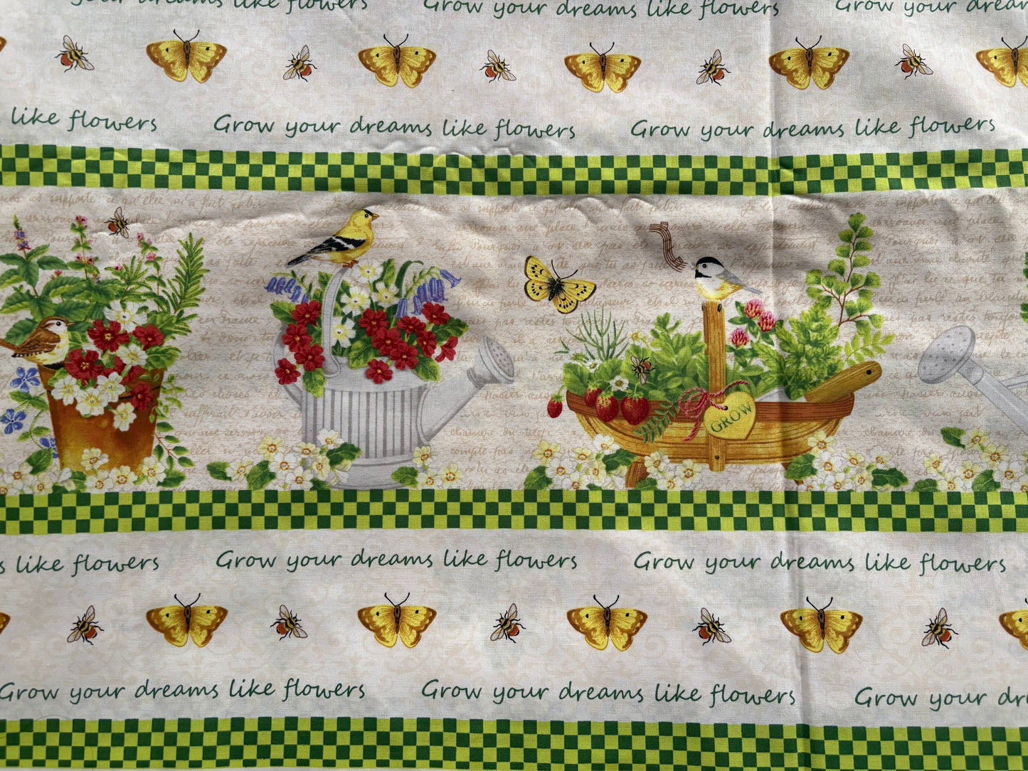 Wilmington Print from the Garden Jane Maday, Birds, Watering Cans, and Flowers, Border Stripe Quilt, 100% Cotton Fabric, Sold By Yard
