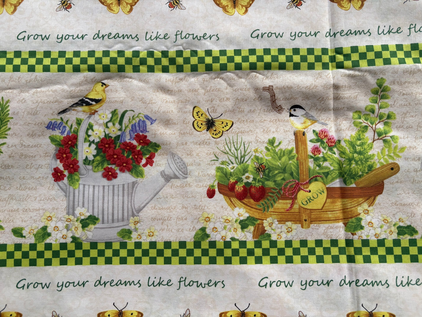 Wilmington Print from the Garden Jane Maday, Birds, Watering Cans, and Flowers, Border Stripe Quilt, 100% Cotton Fabric, Sold By Yard
