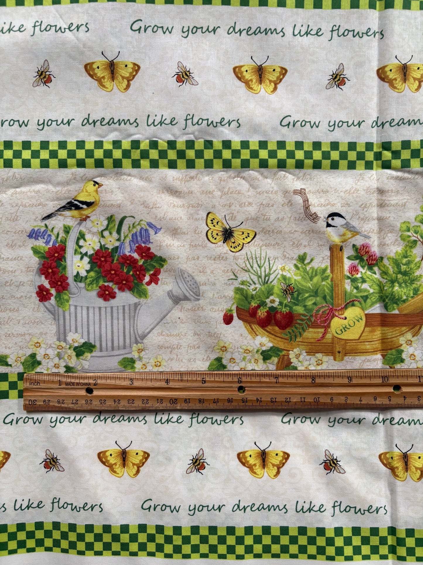 Wilmington Print from the Garden Jane Maday, Birds, Watering Cans, and Flowers, Border Stripe Quilt, 100% Cotton Fabric, Sold By Yard